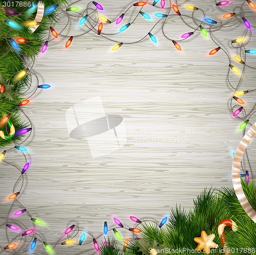 Image of Christmas tree branch with lights. EPS 10