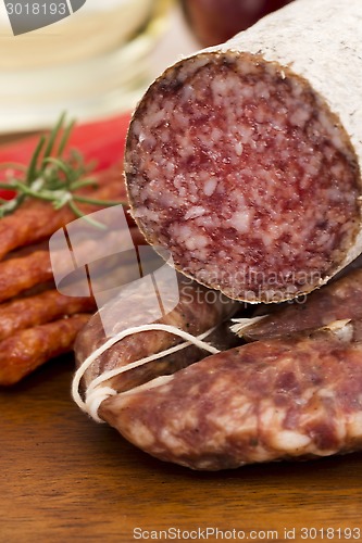 Image of Different sausages and salami