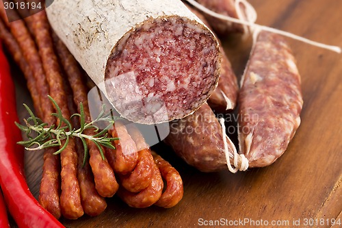 Image of Different sausages and salami