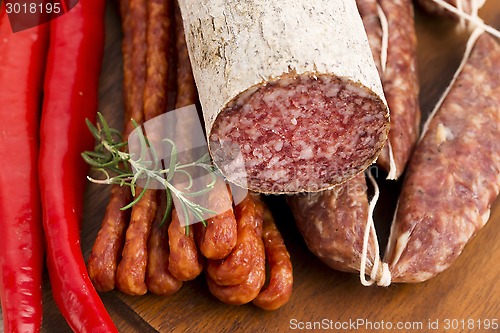 Image of Different sausages and salami