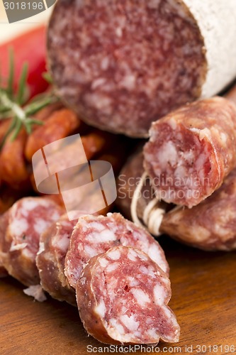 Image of Different sausages and salami