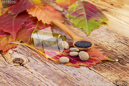 Image of medicine bottle, pills on leaf and syrup in wooden spoon 