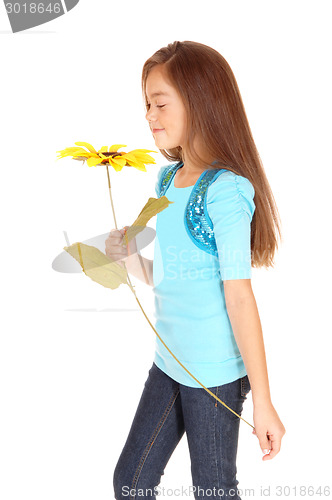 Image of Girl smelling sunflower.