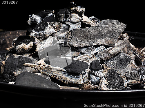 Image of Closeup of burnt charcoal on a barbeque