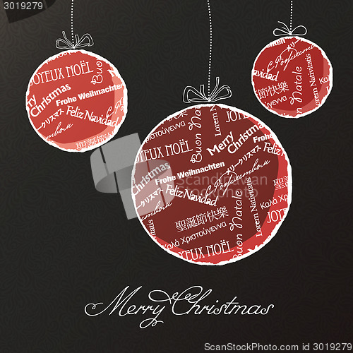 Image of Christmas balls with multilingual greetings pattern. Vector