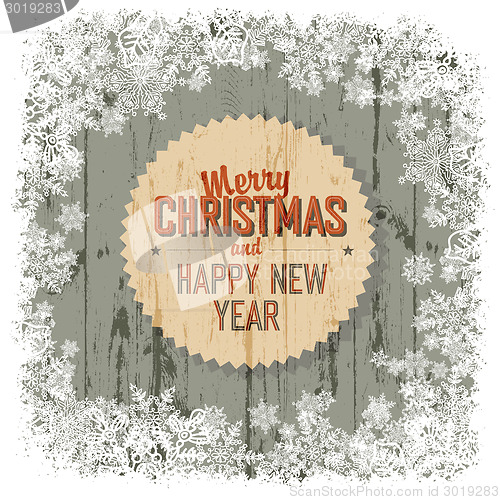 Image of Merry Christmas greeting with wooden background, vector.