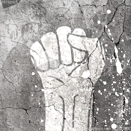 Image of Grunge fist illustration on concrete texture with white splashes