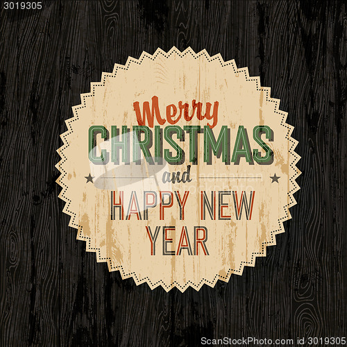 Image of Merry Christmas Card With Dark Wooden Background, vector.