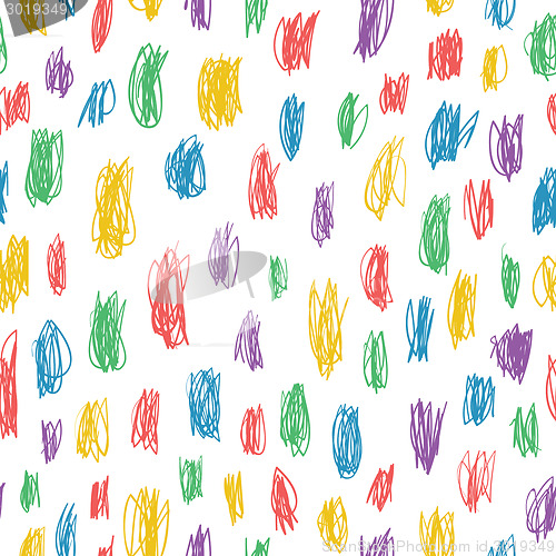 Image of Childish doodles colorful seamless pattern. Vector