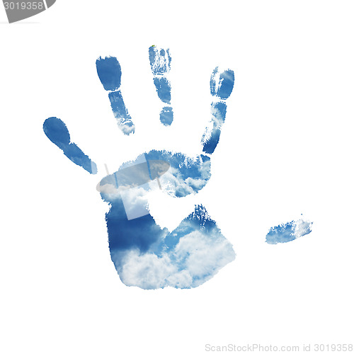 Image of Handprint with blue sky texture, isolated.