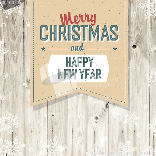 Image of Merry Christmas VIntage Tag Design On Planks. Vector