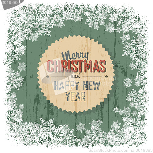 Image of Merry Christmas greeting on green wooden background, vector.