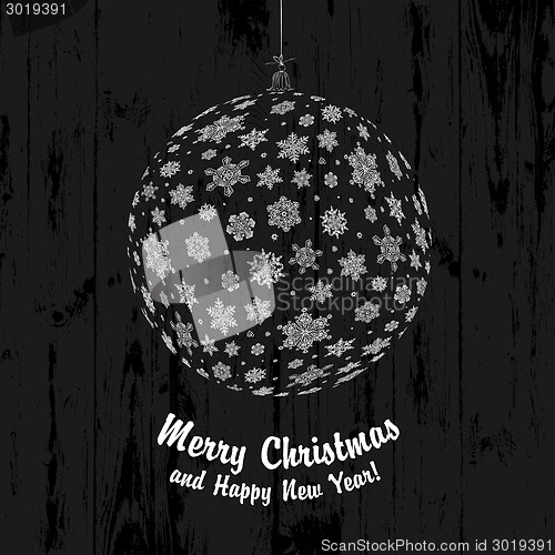 Image of Christmas Ball On Dark Wooden Background, vector.