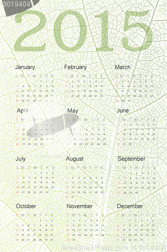 Image of Calendar 2015 on green leaf texture. Vector
