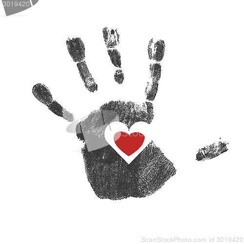 Image of Handprint with red heart symbol. Vector
