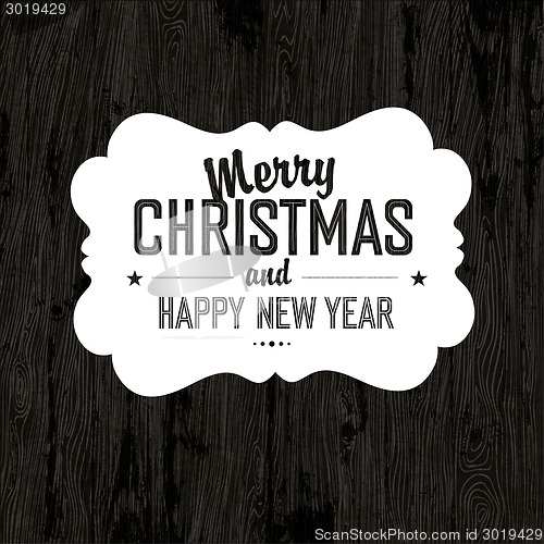 Image of Merry Christmas Card With Dark Wooden Background, vector.