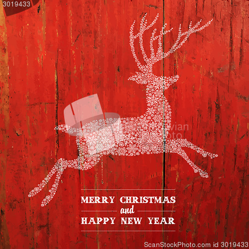 Image of Christmas Deer Silhouette On Red Planks Texture. Vector