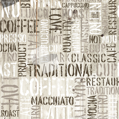 Image of Coffee words on the wooden background. Vector