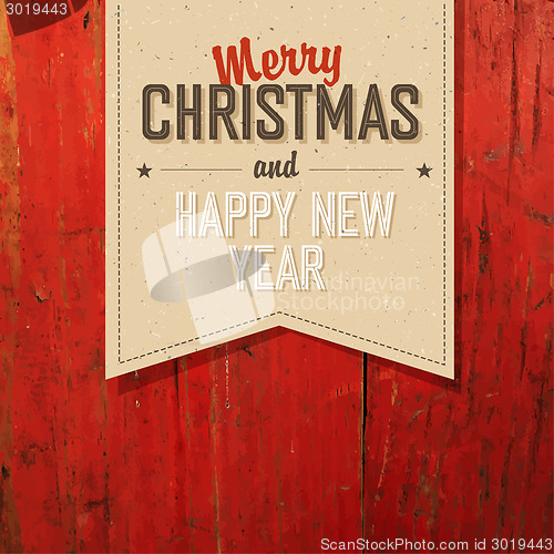 Image of Merry Christmas VIntage Tag Design On Red Planks. Vector