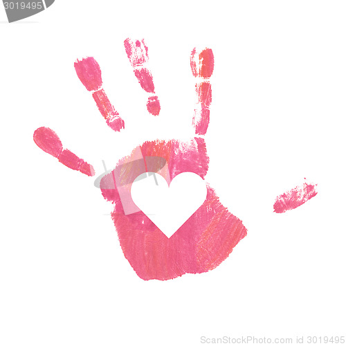 Image of Close up of pink handprint, kid 4+ years, isolated.