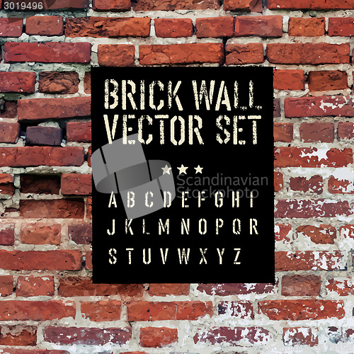 Image of Brick traced texture, stencil alphabet and grunge rectangle. Thr