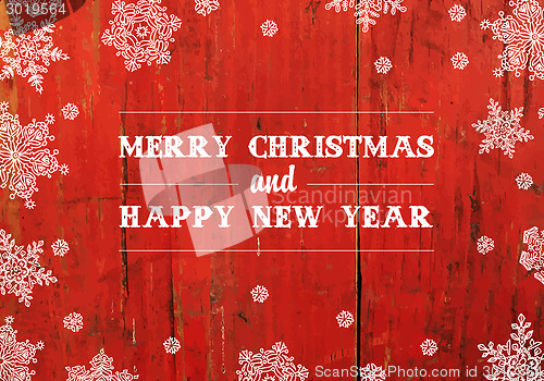 Image of Merry Christmas Greeting On Red Planks Texture. Vector