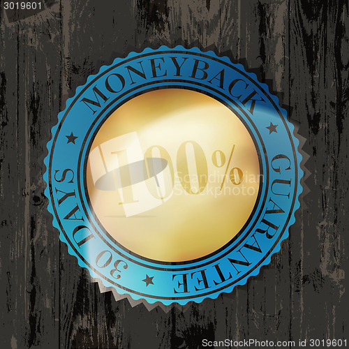 Image of Moneyback Guaranteed Label with Gold Badge Sign on Wooden Textur