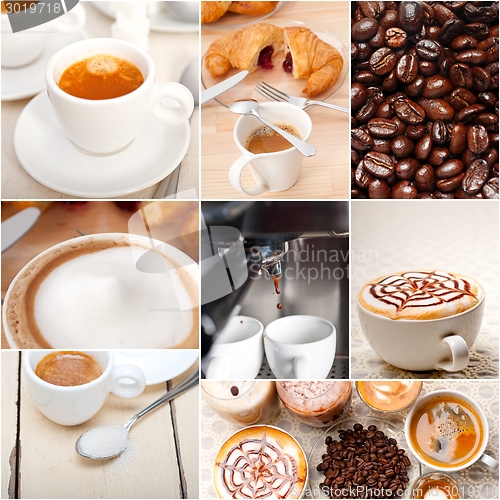 Image of selection of different coffee type on collage composition 