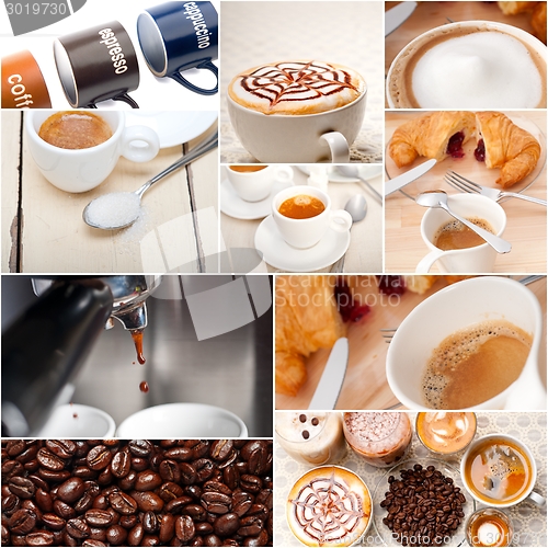 Image of selection of different coffee type on collage composition 