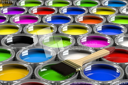 Image of Multiple open paint cans.