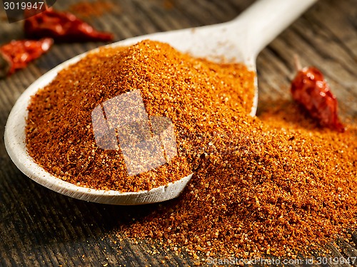 Image of Ground chili in wooden spoon