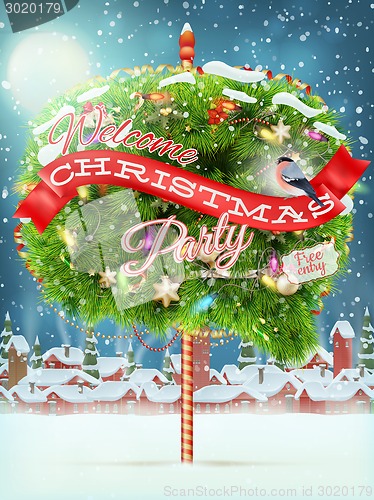 Image of Christmas cityscape and snowfall. EPS 10