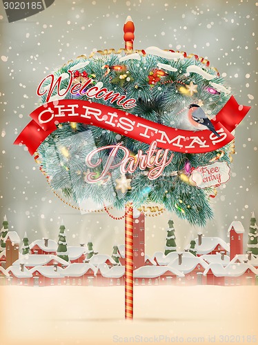 Image of Christmas cityscape and snowfall. EPS 10