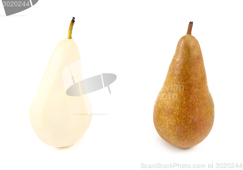 Image of Two Conference pears - peeled and with skin