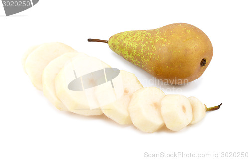 Image of Two Conference pears - whole, peeled and sliced