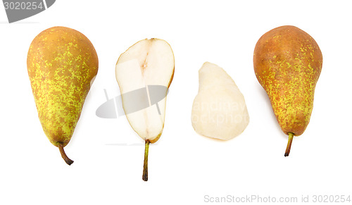 Image of Conference pears - whole, halved and peeled