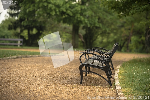 Image of Stylish bench in autumn park