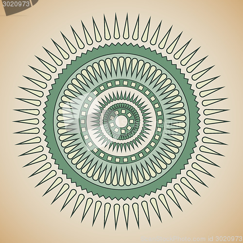 Image of Green and beige tribal circle design.