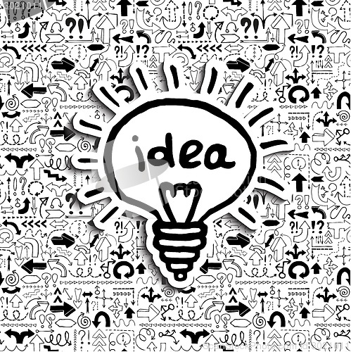Image of Light bulb icon on arrow filled background.
