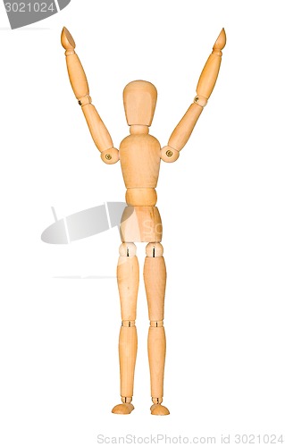 Image of Wooden mannequin with hands up in the air