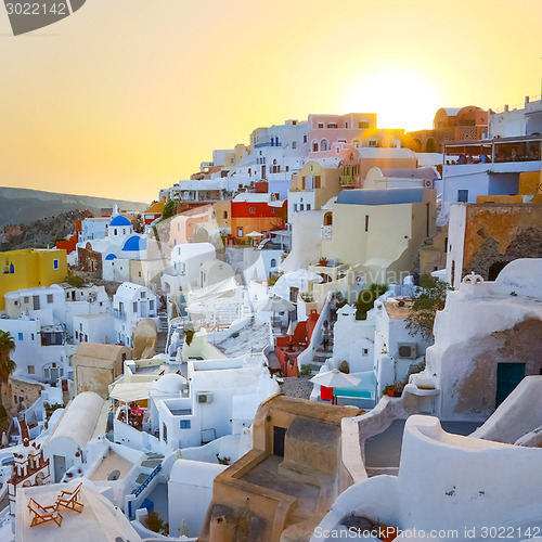 Image of Oia village on Santorini in sunset, Greece.