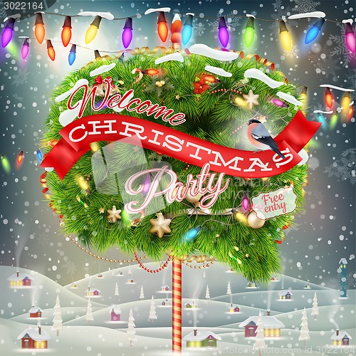 Image of Christmas cityscape and snowfall. EPS 10