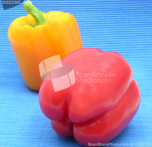 Image of Red and yellow pepper isolated on blue background