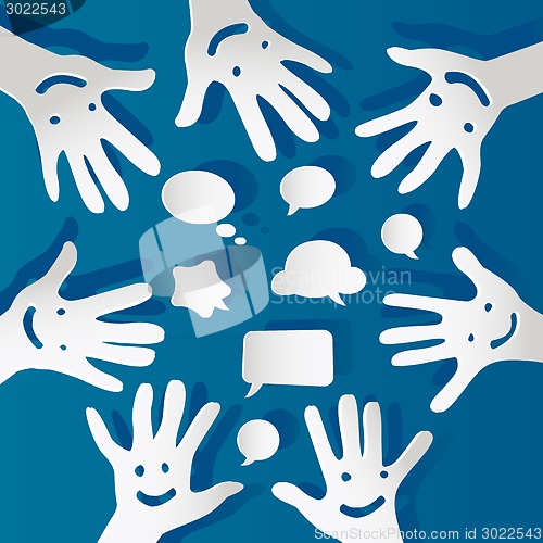 Image of paper hands with faces and bubbles speech