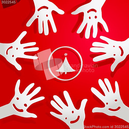 Image of paper hands with faces and christmas tree