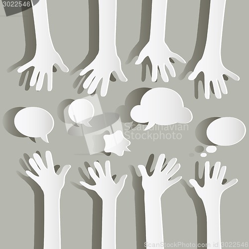 Image of paper hands and bubbles speech