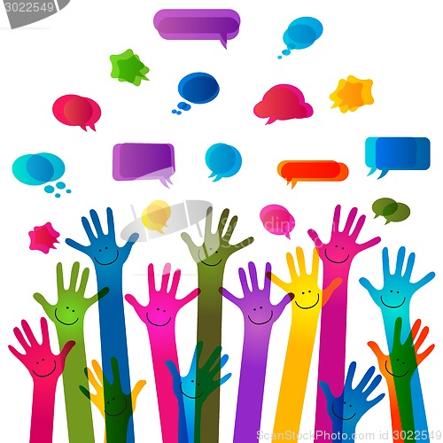 Image of hands with happy faces and bubbles speech, no transparencies