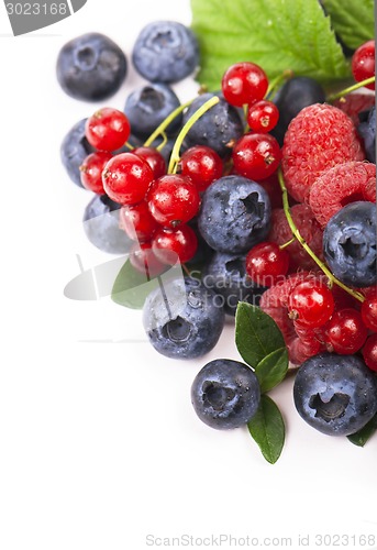 Image of Many blueberries, raspberries. Isolated white