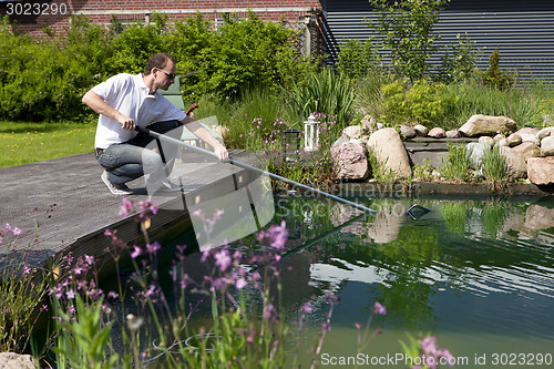Image of man cleanse his garden pond, mann reinigt seinen gartenteich
