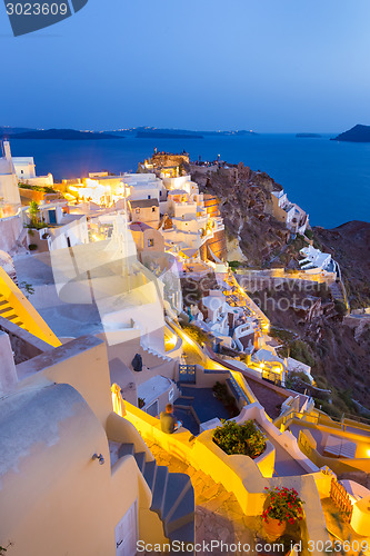 Image of Oia village on Santorini in sunset, Greece.